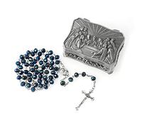 Rosary Beads Catholic for Women With Rosary Box, Blue Crystal Beads Rosary Necklace with Last Supper Vintage Jewelry Box, Anglican Prayer Beads Christian Gifts for Women Catholic Gifts