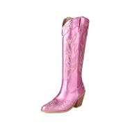 Rose,48,Bottes de Cowboy Hautes pour Femmes, Grandes Tailles, brodées, Talon épais, Mollet Large, Bottes Western antidérapantes, doublées Chaudes, pour soirées costumées