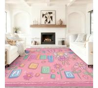 Rose 80 x 150 cm Lavable en Machine Antidérapant Tapis, Cartoon Illustration Style, Mignon Fée Blocs Construction Floral Modèle Doux Antisalissure Tapis pour Chambre Enfant