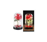 Plante artificielle Lunartec : Rose artificielle avec cloche en verre et lumière LED - Rouge