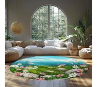 Rose Blanc Fleurs Tapis Rond Belles Fleurs Sauvages Bleu Ciel Cercle Tapis pour Vivre Étude À La Maison Salle À Manger Chambre Café Cuisine Décor 213cm（Rond）