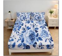 Rose Bleue Florale Drap Housse Microfibre 150x200x30cm Housse De Matelas 30 Cm Profondeur pour Matelas épais, Peinture À L'Encre De Chine Draps Housses Doux, Bleu