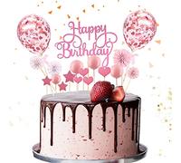 Rose Cake Topper,Gâteau Anniversaire Décoration,Happy Birthday Gâteau Topper,Cupcake Topper,Cake Topper Joyeux,Étoiles Topper avec de Décoration pour Ballon Confettis Fête de d'anniversaire