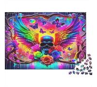 Rose Carton Rigide Crâne avec Ailes Arc-en-Ciel et Roses Puzzle Classique Anti-Ennui interactif 52x38cm/1000 pièces