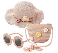 Rose Chapeaux De Paille Filles Et Lunette De Soleil Et Petit Sac Ensemble Chapeau De Soleil Ensemble avec Fleurs Décoration Produits Tissés De Protection Solaire pour 3-8 Ans Enfant 3 Pièces