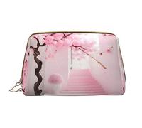 Rose Cherry Blossom Escalier Sac Cosmétique en Cuir Sac Cosmétique Imperméable Mignon Voyage Trousse de Toilette Zipper Bag Set, Femme Cosmétique Sac de Rangement Set Marron, blanc, Taille unique