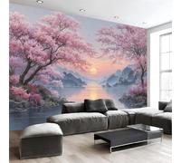 Rose clair Papier Peint Murale 450x315cm (L×H), Style Chinois Coucher Soleil Rive Fleurs Pêcher Panoramique Image, Photo Wallpaper Tapisserie pour Salon, Adulte Chambre d'enfants, Étude Décoration