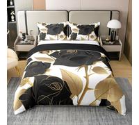 Rose Coton Housse de Couette 240 x 260,Rose Noire Feuille d'or Parure de Lit Robe de Couple,Romantique Mystère Élégant Couvre Lit,Fleurs Végétales Literie Set,Rose avec des Épines Linge de Lit