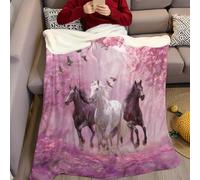 Rose Couverture Polaire 150 x 200 cm Fleurs de Cerisier et Chevaux Impression 3D Plaid Polaire Douce Moelleuse Chaudes Flanelle Couverture de Lit Plaid pour Filles et Garçons