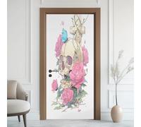 Rose Crâne Effet 3D Sticker Porte, Croix Papillon Papier Autocollant Porte Mural Décoration, Dessin Animé Minimaliste Stickers Muraux Amovible PVC 77x200 cm