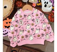 Rose crème, citrouille mignonne et douce d'Halloween, fantôme, nœud léopard, des friandises ou un sort, mignon et effrayant, petite miss jolie, jeunes filles, ample et confortable, col rond, manches l