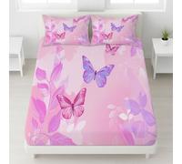 Rose Drap Housse Papillons Fleurs Bordure de Feuilles Lavable en Machine Drap de lit Cartoon Rêve Mignon Drap de Matelas Chaleureux Doux Résistant aux Rides 90 x 200 x 30 pour Filles