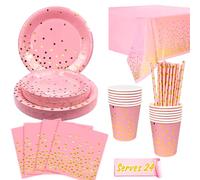 Rose et Or Vaisselle de Fête, Pink et Rose Or Party Vaisselle Set - Assiette Anniversaire Nappe Serviettes Gobelet et Couverts etc Vaisselle Anniversaire, 24 Invités