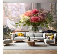 Rose Et Vert Papier Peint Intissé 200x140 cm Roses dans un vase sur la table Papier Peint Panoramique Mural Affiche Géante Décoration Murale Photo Salon Chambre D'enfant Décor Fond TV