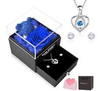 Rose Éternelle, Cadeaux de Noël pour Elle Collier Boucles d'oreilles Roses Préservées à La Main Coffret Cadeau pour Manquer Maman Sœur Épouse Bleu