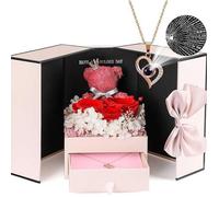 Rose Eternelle Cadeaux Femmes, Fleurs Roses Pures avec Ours Rose et Collier Coeur 100 Langues, Coffret Cadeau Femme pour Mère