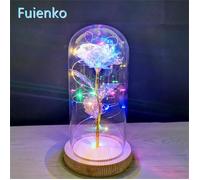 Rose Eternelle et lumière LED ""La Belle et la bête"" Rose Eternelle sous Cloche Coloré