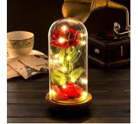 Rose Eternelle - La Belle et la Bête - Lampe LED - Couvercle Verre - Base Bois - Rouge
