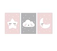 Rose éToile tableau Nuage Toile tableau Murale Art Peintures Affiches De PéPinièRe Imprimer Affiche De Lune Enfants Nordique Murale Tableaux BéBé Chambre Decoration Sans Cadre 50×70cm×3 Pcs