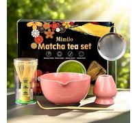 Rose Fouet à Matcha Kit, Matcha Whisk Set 5 Pcs, Kit Matcha Complet avec pink bol matcha bec verseur, fouets bambou, support chasen, tamis, cuillère avec tous les accessoires, Japonais Coffret Matcha