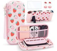 (Rose Fraise) Magnifique Étui De Transport Pour Nintendo Switch Oled 2021 En Rose Avec Étui De Voyage, Étui Pour Pc, Bandoulière Réglable, Poignée Pour Le Pouce, Protecteur D'écran.