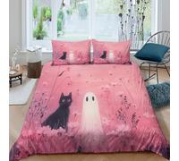 Rose Ghost Chat Linge de Lit Microfibre 3 pièces Imprimé en 3D Hypoallergique Whimsical Halloween Art Parure de Lit avec 2 x Taies d'oreiller Confortable for Chambre à Coucher Super King（260x220cm）
