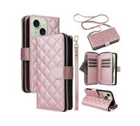 (Rose Gold, Multicolor) For iPhone 15 Plus 14 Plus Case Wallet PU Leather Rhombus Stand Anti-Fall Phone Cover - Beige