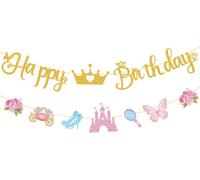 Rose Guirlande Anniversaire Or Banderole Happy Birthday Fille Banderole Anniversaire avec Château,Carrosse,Chaussures en Cristal pour Femmes Filles Fête d'anniversaire Baby Shower (A)