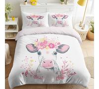 Rose Housse de Couette avec Motif Dessiné À La Main, Douce Légère Facile d'entretien Linge de lit, Couronne Florale Vache Botanique Romantique Parure de Lit 140 x 190 cm pour Chambre Fille Enfant