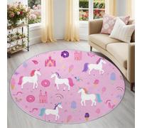 Rose Licorne Château Arc-en-Ciel Tapis Rond 90 cm, Féérique Ludique Animal Lavable en Machine Antidérapant Tapis Doux Poil Ras Chambre Salle a Manger Bureau Descente de Lit Interieur Chambre de Fille