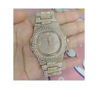 (Rose) Montre unisexe à quartz glacé pour homme et femme, style hip-hop, marque de luxe