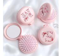 Rose Nœud 26 Lettres Peigne Rond Pliable Avec Miroir, Miroir De Maquillage Portable 2-En-1 Peigne, Mini Brosse De Massage À Coussin D'air Pliable, Convient Aux Femmes, Filles, Mamans, Applicable Pour 