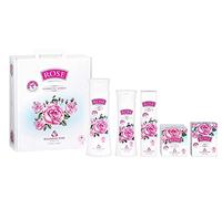 Rose Original Coffret Cadeau pour Femmes 5 pcs avec Huile de Rose 100% Naturelle, Eau Micellaire, Gel Douche, Crème de Jour pour le Visage, Crème pour les Mains et Savon Sans Paraben