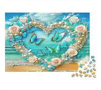 Rose Papier Lourd Cadre en Forme de cœur avec Perles et Papillons sur la Plage Puzzle pour Seniors Cadeau Secret de Noël Relaxant 52x38cm/1000 pièces