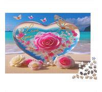 Rose Papier Lourd Cadre en Forme de cœur avec Roses Roses sur la Plage Puzzle pour Seniors Cadeau Secret de Noël Relaxant 38x26cm/1000 pièces