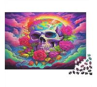 Rose Papier Lourd Crâne coloré avec Arc-en-Ciel et Roses Roses Puzzle Activité relaxante Interactive 52x38cm/1000 pièces