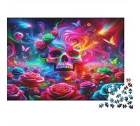 Rose Papier Lourd Crâne coloré avec Arc-en-Ciel et Roses Rouges Puzzle Activité relaxante pour débutants 70x50cm/1000 pièces