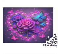 Rose Papier Lourd Roses Violettes dans Un Cadre en Forme de cœur avec Papillon Puzzle Activité relaxante Interactive 70x50cm/1000 pièces