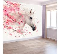 Rose Papier Peint Fantaisie Animaux Fleurs 300 X 210 Cm, Intissé Murale Posterromance Cerisiers Fleurs Chevaux Pour Salon Couloir Arrière-Plan Tv - Installation Facile Moderne Décoration Muraux