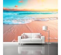 Rose Papier Peint Panoramique Autocollante, Côte Vagues Plage Photo Poster Mural pour Salon Chambre 300 x 210 cm Papier Peint Intissé Maison Décoration Intérieure