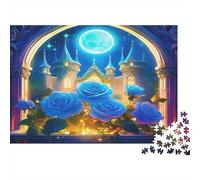 Rose Papier Premium Roses Bleues dans Un château sous la Pleine Lune Puzzle à Faire soi-même pour Enfants de +12 Ans Cadeau de Noël 38x26cm/1000 pièces