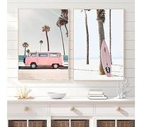 Rose Pastel Rétro Hippie Van Impression Sur Toile Palmier Surf Plage Tropicale Paysage Peinture Mur Photos Salon Décor À La Maison Sans Cadre-50X70cmX2