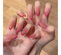 Rose Pink French Nails Press Ons Manicure Long 21mm,Rose Pink Press On Tip Almond Fake Press on,Luxurious Glossy Full Cover Glue on French Acrylic Stick on Nails,Manicure Decoration
