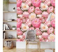 Rose Pivoine Papier Adhesif Meuble Mat Papier Peint Mural Film 3D Fleurs Oiseau Autocollant Wallpaper Rouleau Impermeable Stickers Collant Décoration pour Cuisine Tables Armoires Mur 0.52X3 M
