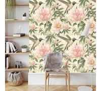 Rose Pivoine Papier Adhesif Meuble Mat Papier Peint Mural Film 3D Fleurs Oiseau Autocollant Wallpaper Rouleau Impermeable Stickers Collant Décoration pour Cuisine Tables Armoires Mur 0.45X20 M