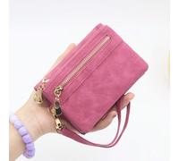 Rose Red One Shoulder Short Dual Zipper Wallet, Retro High-Quality Matte PU Leather Wristlet Pouch, Small Square Bag, Foldable & Expandable, College Style Multi-Card Compact Ticket Holder, Party Gift 