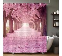 Rose Rideau de Douche Imperméable 180x180 cm Chemin des cerisiers en Fleurs 3D Imprimé, Tissu Polyester Anti-Moisissure avec 12 Crochets pour Salle de Bain