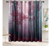 Rose Rideaux Occultant, Insonorisants Anti Bruit Rideaux Forêt Troncs D'arbres Feuilles Rouges Tombées Brume, Rêveur Nature Rideau avec œillets pour Fenêtre Salon Chambre, 140 x 260 cm 2 Panneaux