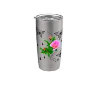 Rose rose avec papillons et gouttes de rosée Formes Mania Gobelet isotherme en acier inoxydable double paroi