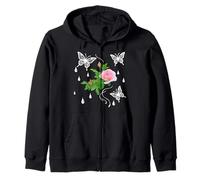 Rose Rose avec Papillons et Gouttes de rosée sur Formes Noires Mania Sweat à Capuche